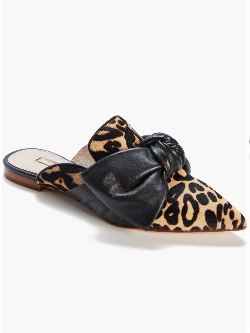 Louise et Cie “Cela” Bow Black & Leopard Calf Hair Pointed Toe Knot Mules - Picture 2 of 11